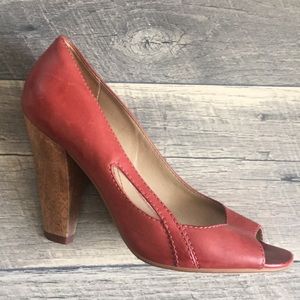 Red leather block heel sandals